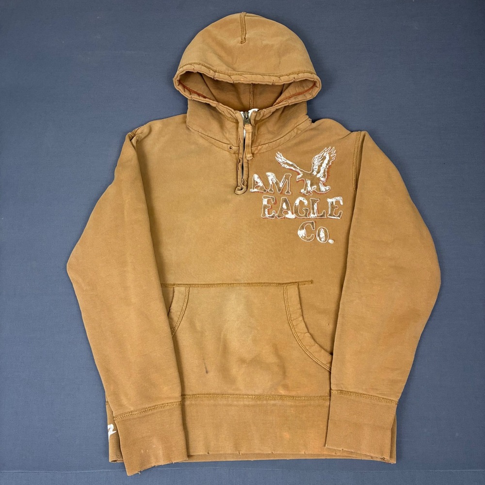 Y2K American Eagle Brown Quarter Zip Hooded Sweater Men's Size Medium